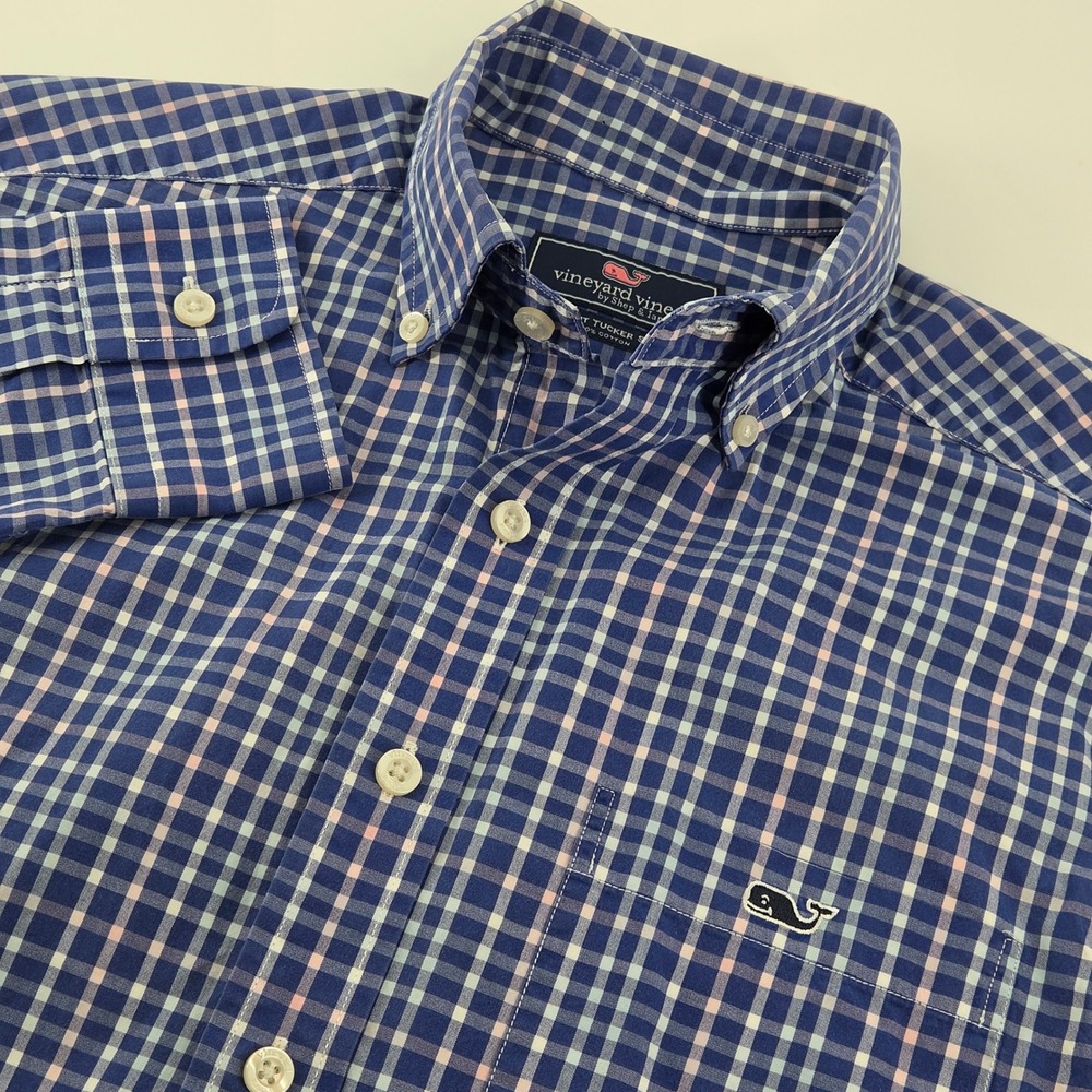 Vineyard Vines Murray Tucker Shirt Mens S Blue Pink Plaid Cotton Button Down